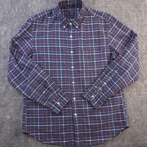 J Crew Flex Oxford Shirt Large Slim Fit Blue Multicolor Plaid Long Sleeve Button